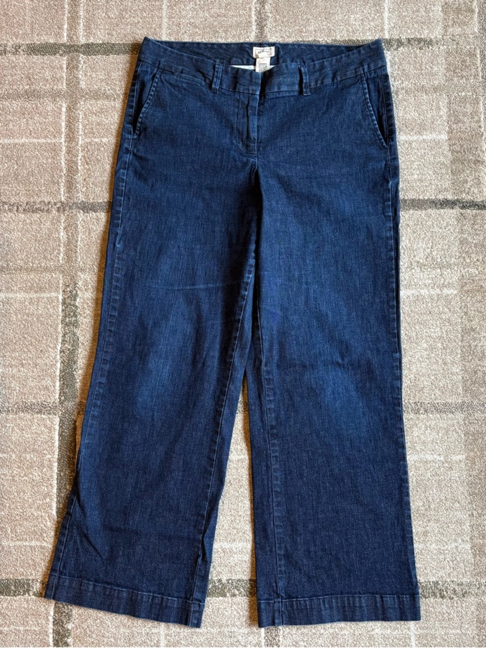 L.L.Bean Women’s Wide Leg Flat Front Denim Trousers, Jeans Size 14 Dark Wash